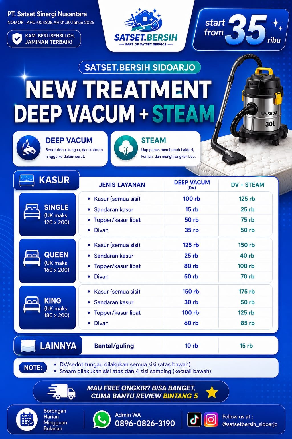 Daftar harga vacuum steam kasur Satset Bersih